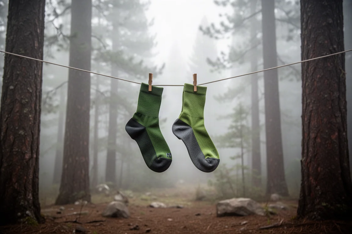 Calcetines secándose en un tendedero en un campamento remoto con luz matinal