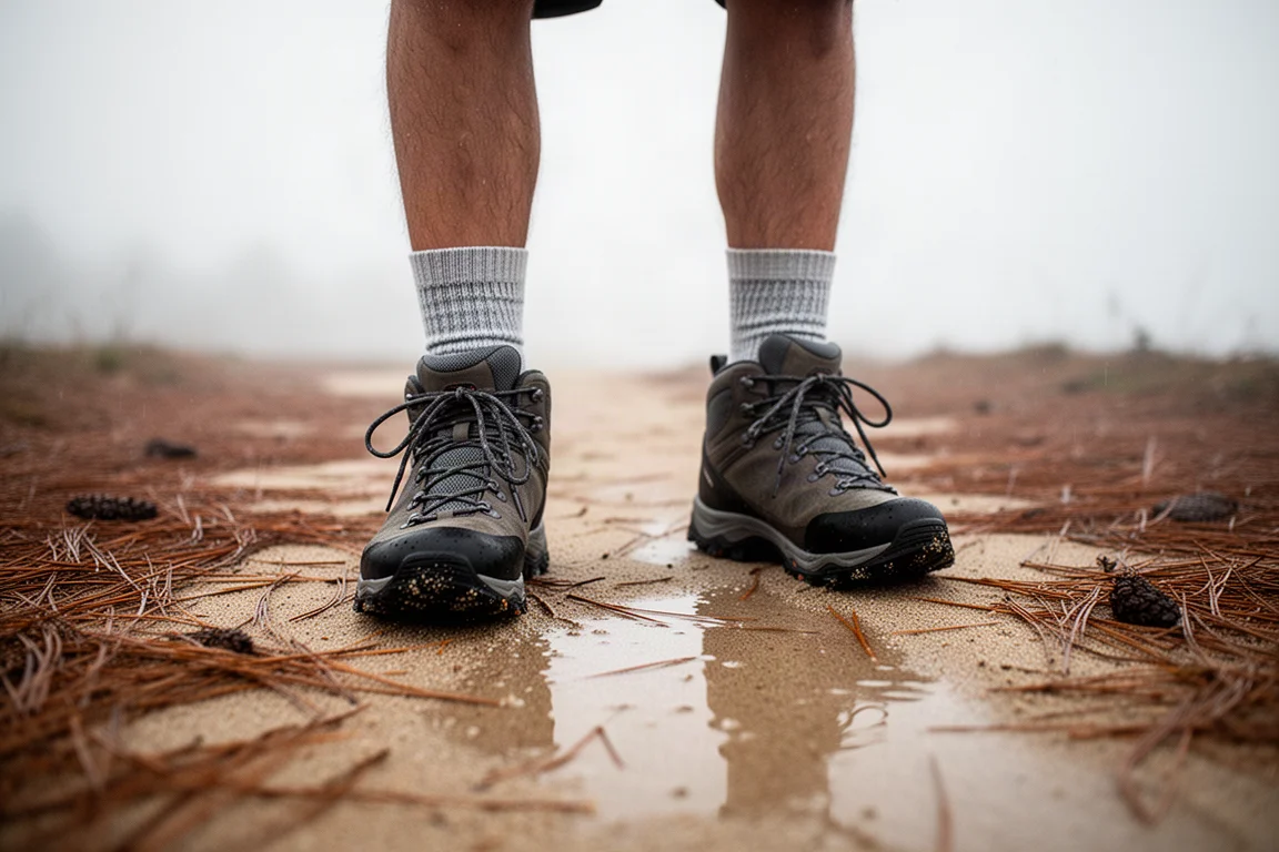 Pies de senderista con calcetines y botas en un tramo de sendero húmedo y arenoso