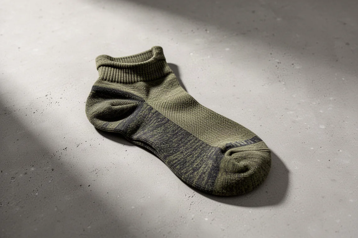 Lightweight olive and charcoal hiking sock laid diagonally on a matte concrete surface
