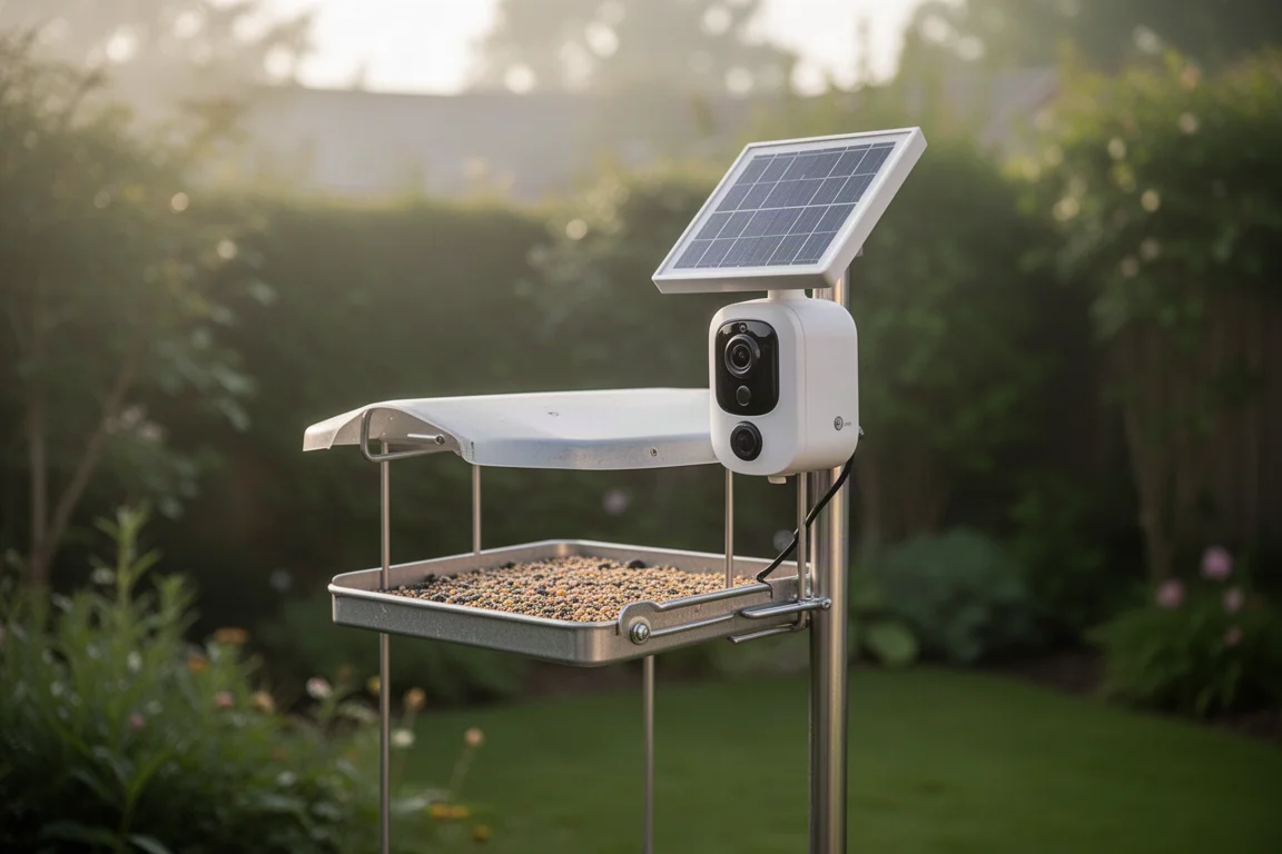 Mangiatoia intelligente per uccelli montata su un supporto in un giardino con il pannello solare inclinato verso l'alto