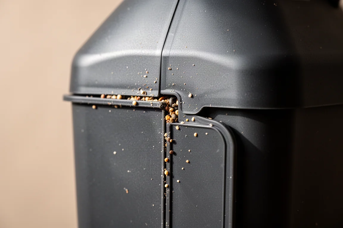 Primo piano del pannello posteriore rimovibile di una mangiatoia con residui di semi lungo il bordo