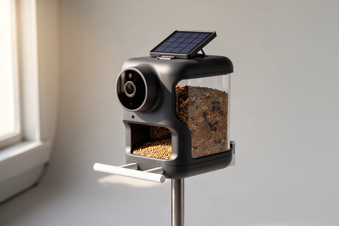Farmice smart bird feeder with camera and solar panel on a stand against a light backdrop