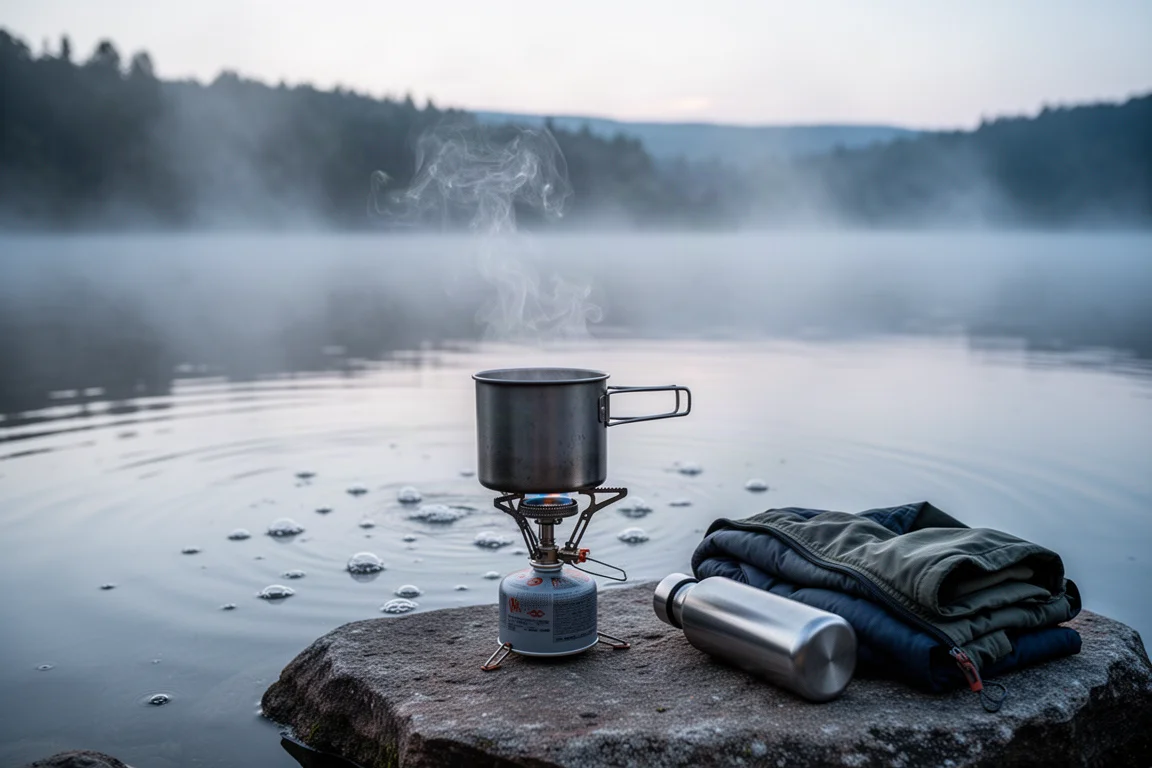 Réchaud de camping faisant bouillir de l'eau sur un rocher au bord d'un lac à l'aube, avec de la brume sur l'eau