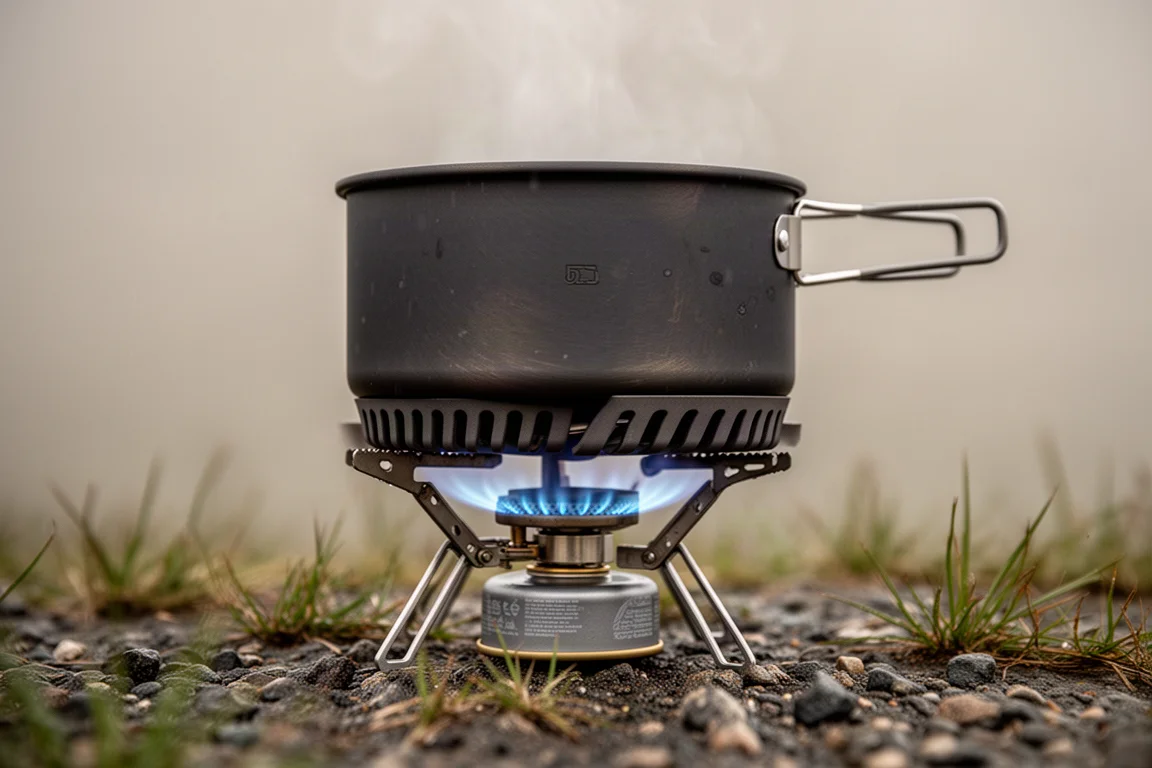 Gros plan sur la flamme d'un réchaud à cartouche autour de la base d'une casserole à flux ring