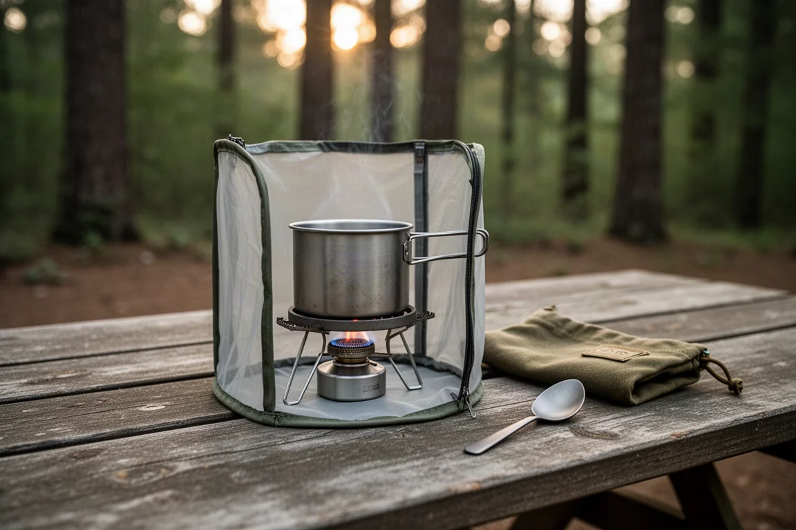 Brûleur à alcool et petite casserole sur une table de pique-nique en bois, dans la lumière de fin d'après-midi