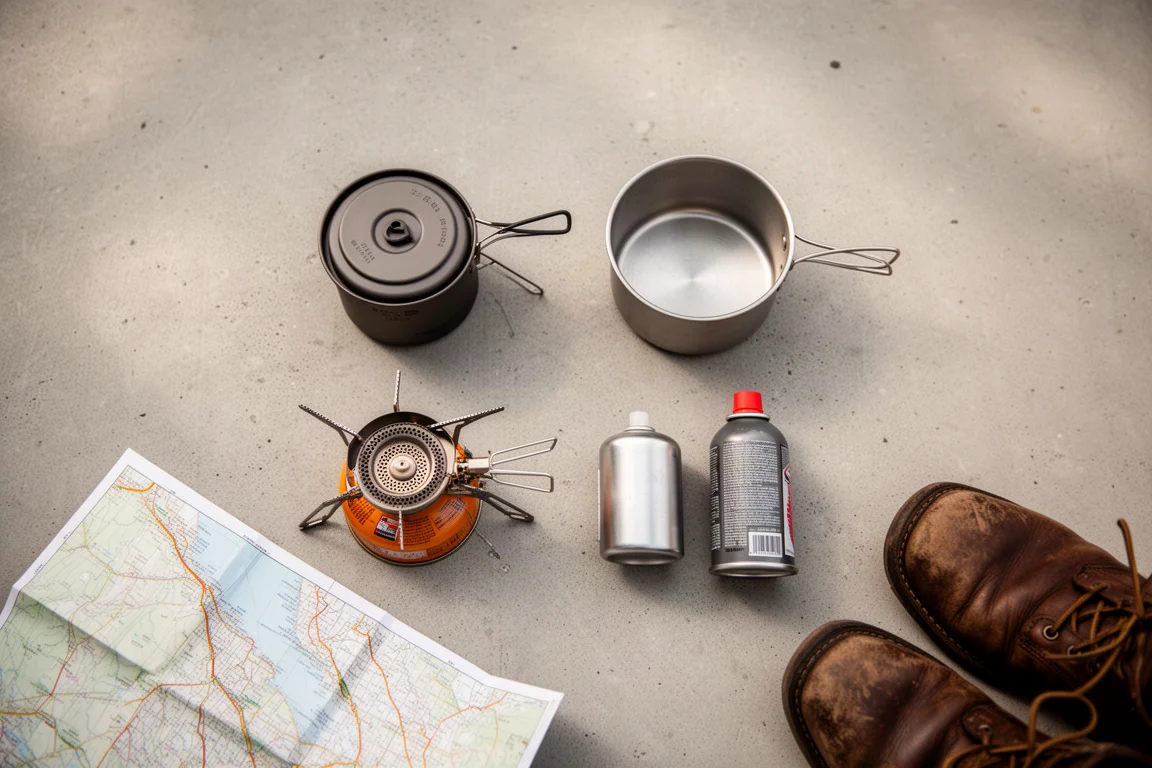 Vue de dessus à plat de deux réchauds de camping, de casseroles et d'une cartouche de combustible sur du béton