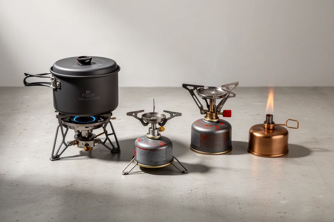 Four camping stoves arranged on a concrete surface in soft studio light