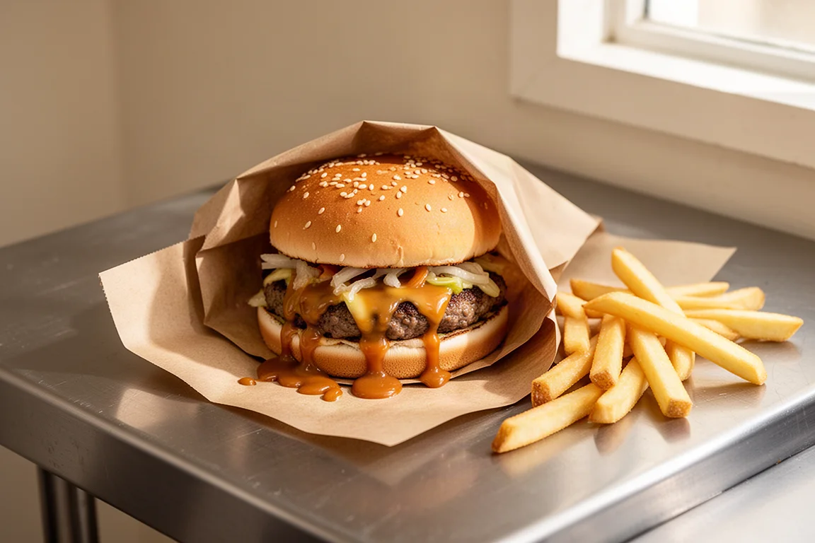 Burger toppings and sauce spilling from a takeaway burger wrapper on a counter