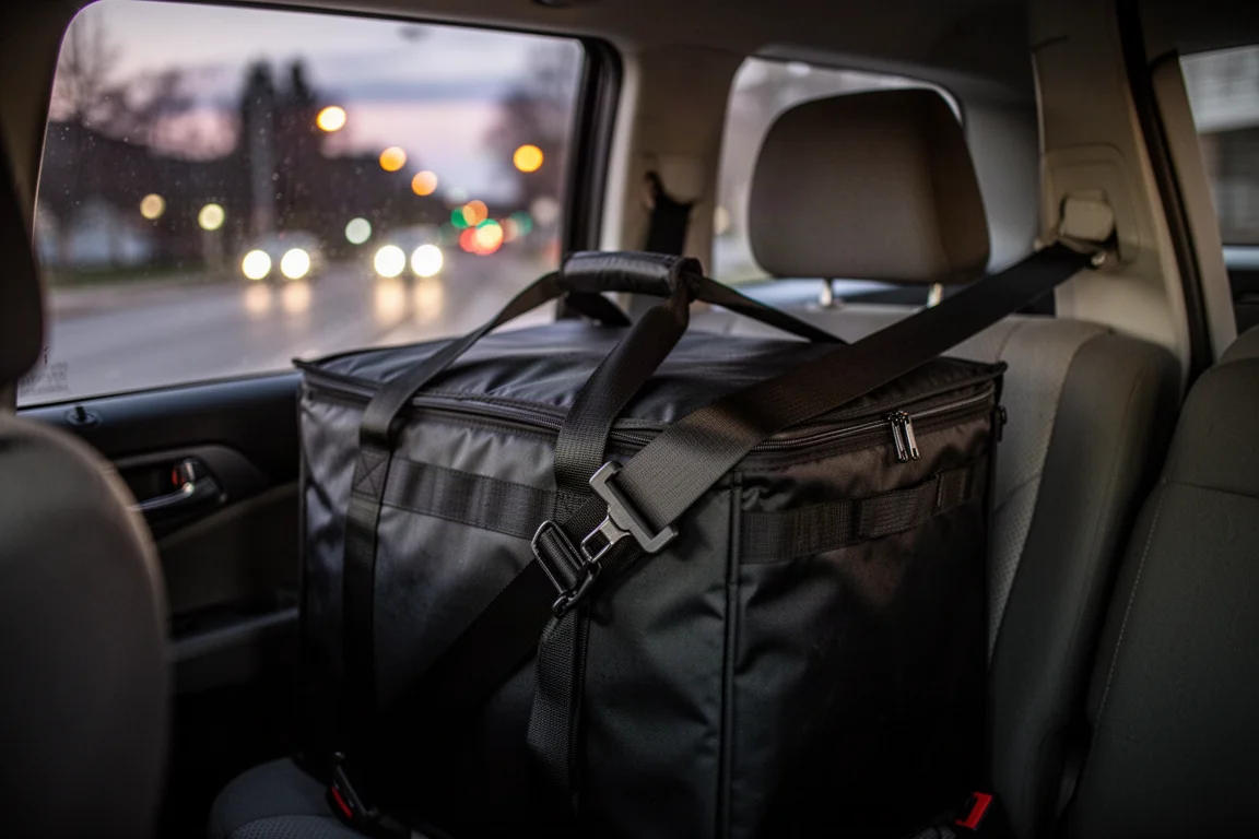 Delivery driver placing an insulated food bag on a car passenger seat