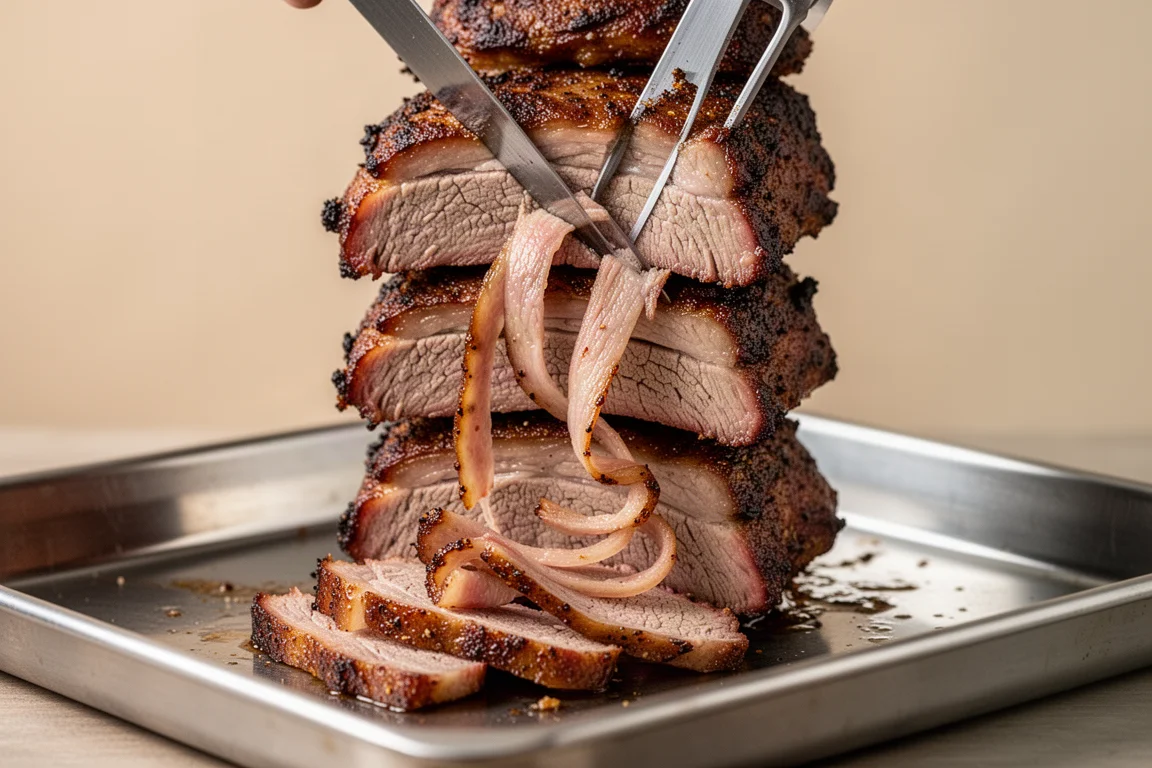 Stacked doner kebab meat being sliced into thin ribbons on a chopping board