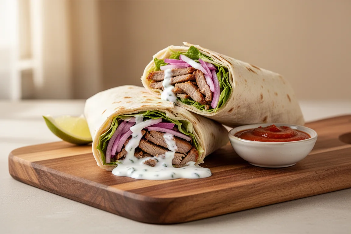 Freshly sliced shawarma wrap filled with salad and yoghurt sauce on a wooden board