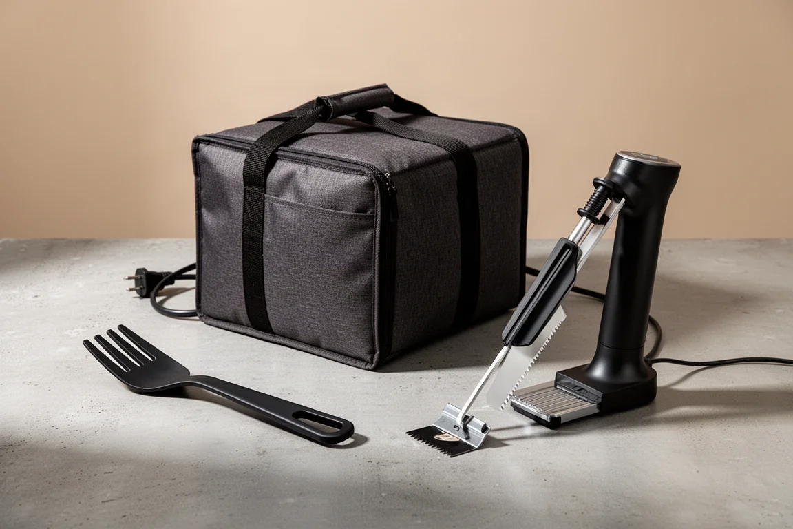 Frork utensil, insulated delivery bag and electric kebab slicer on a concrete surface