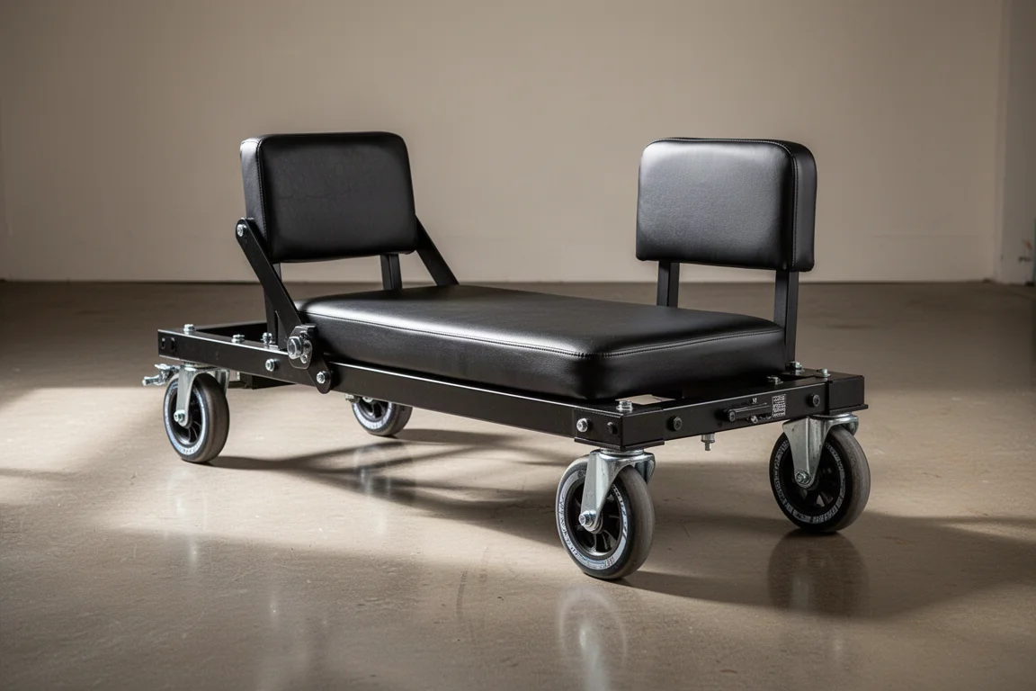 Low-profile creeper chair with leather seat and large wheels on a concrete floor