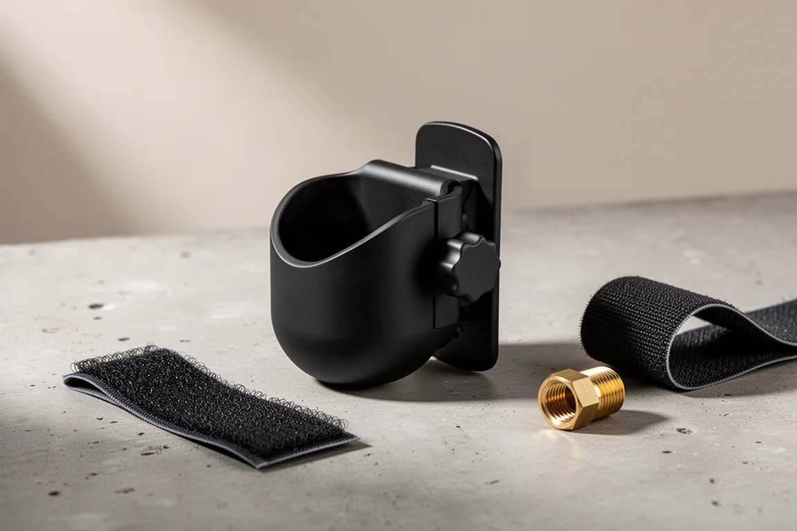 Compact black clip tool holder with belt clip and hook-and-loop strap on concrete