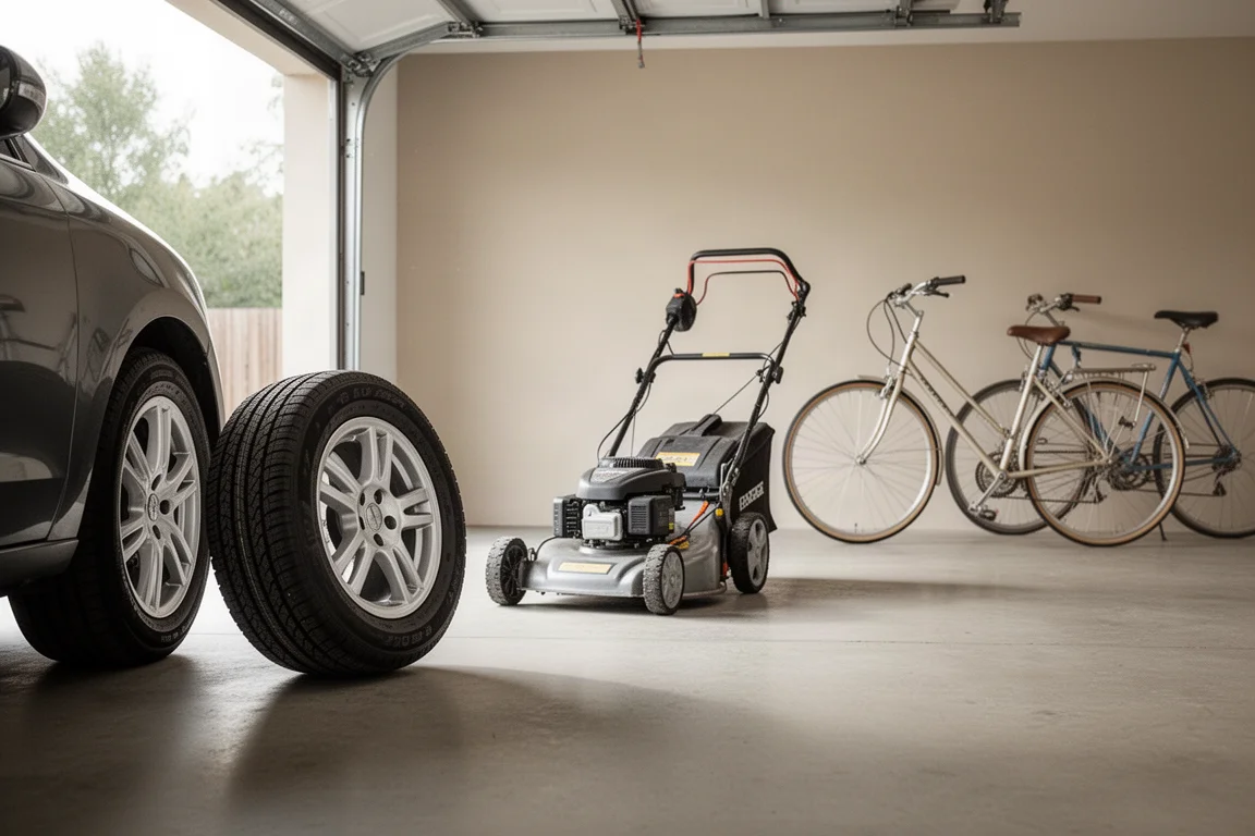 車のタイヤやガーデン用品の空気補充を待つ家庭用ガレージの風景