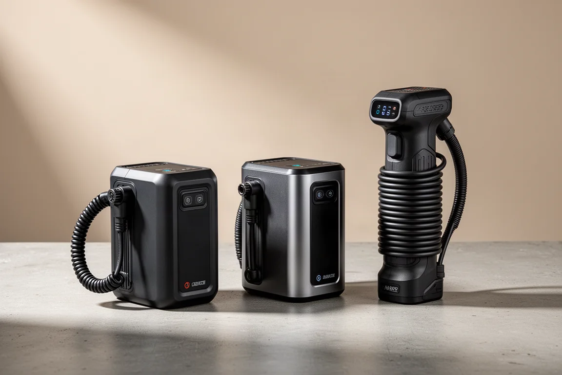 Three cordless tire inflators lined up side by side on a concrete surface