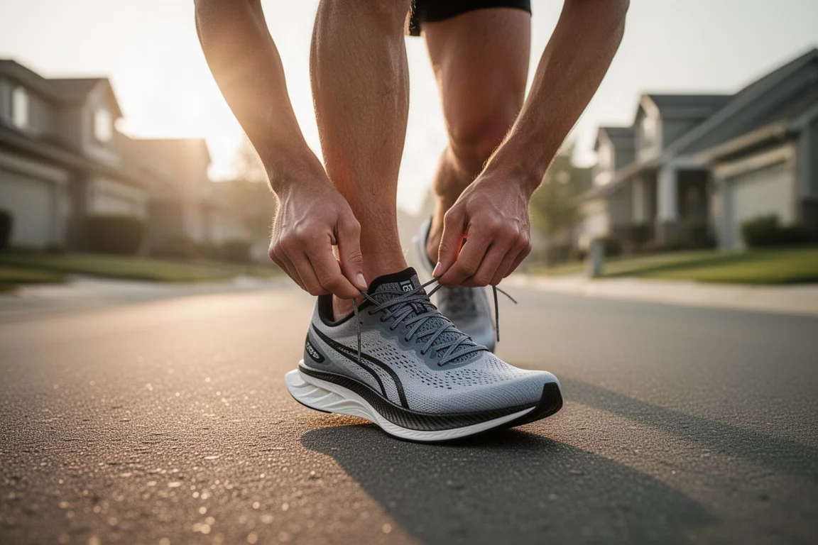 Runner che allaccia una scarpa da gara con piastra in carbonio su una tranquilla strada di periferia prima dell'allenamento