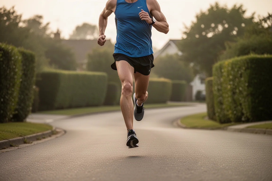 Runner che corre a ritmo sostenuto su un circuito di quartiere con saliscendi, forma di corsa concentrata