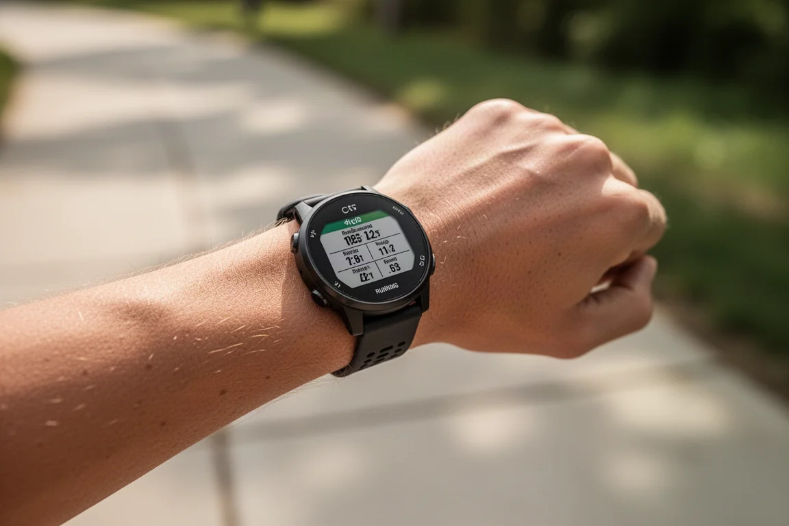 Schermo dell'orologio che mostra il parziale del miglio, la frequenza cardiaca e i dati di cadenza dopo un intervallo di corsa