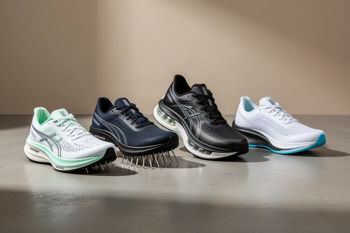 Five premium marathon racing shoes lined up on a concrete surface