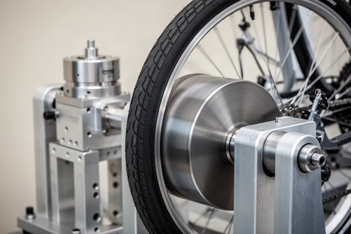 Fahrradlaufrad gegen eine Stahlrolle auf einem Rollwiderstandsprüfstand gedrückt