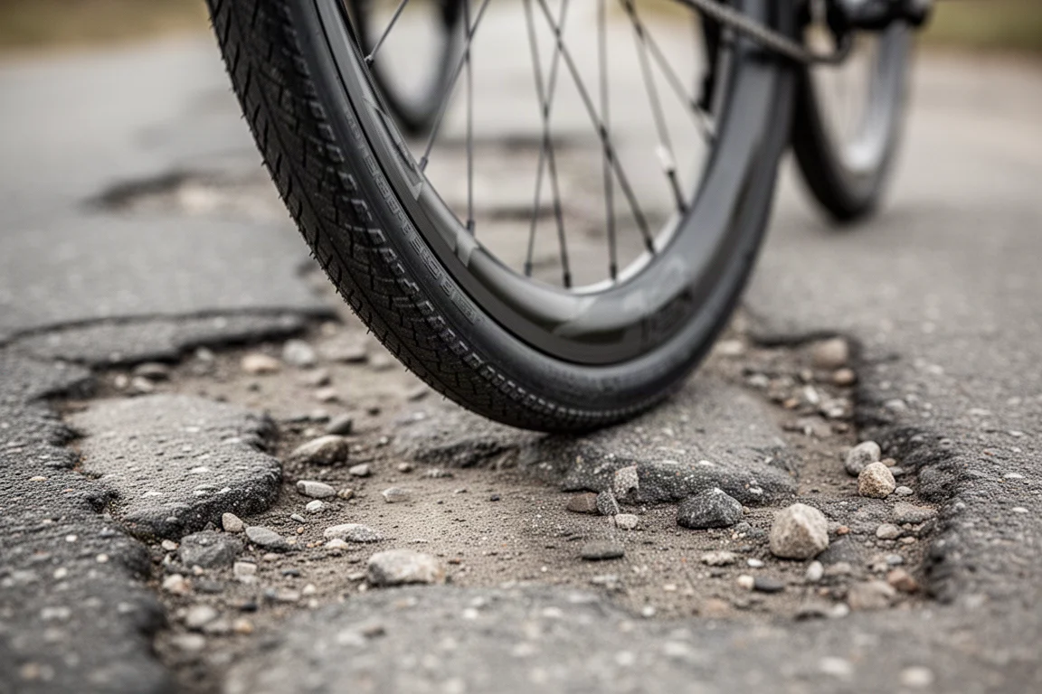 Rennradreifen auf rauer, geflickter Landstraßenoberfläche