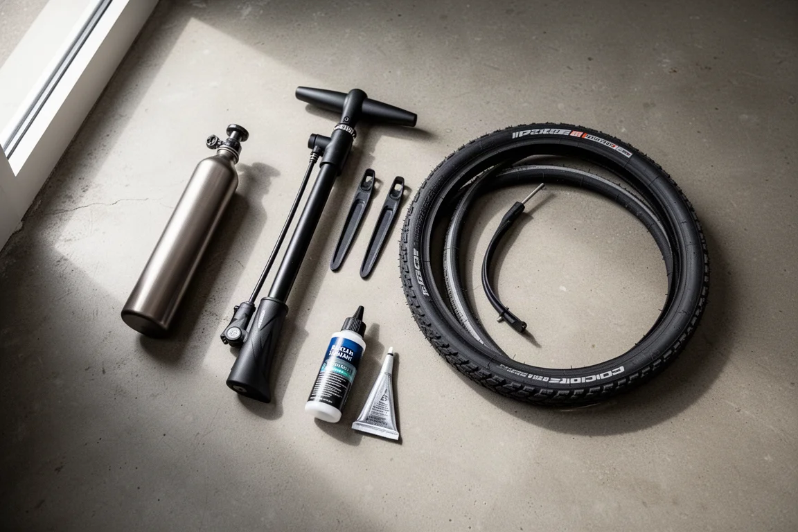 Tubeless-Montagewerkzeug und Dichtmilch auf einem Betonboden angeordnet