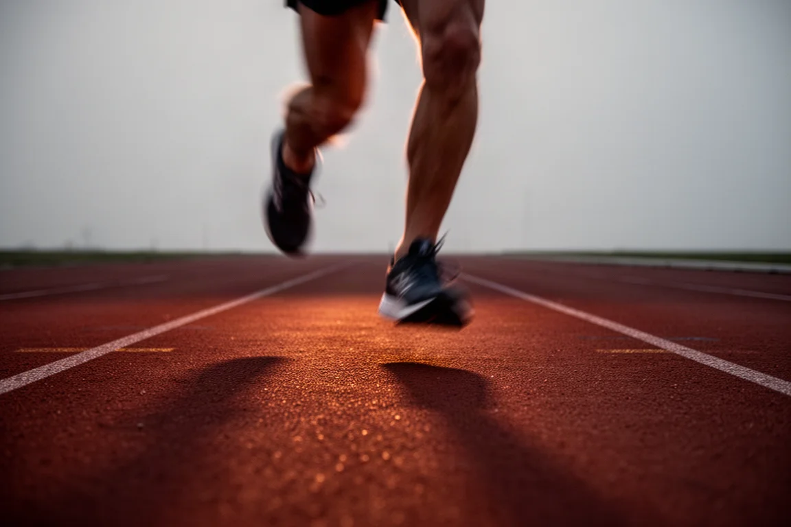 I piedi di un corridore a metà falcata su una pista durante un allenamento di velocità serale