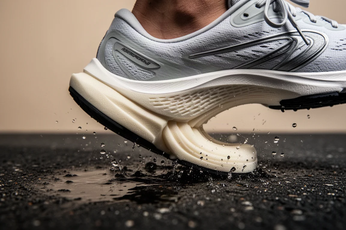 Primo piano di una intersuola di una scarpa da running reattiva che si comprime sull'asfalto