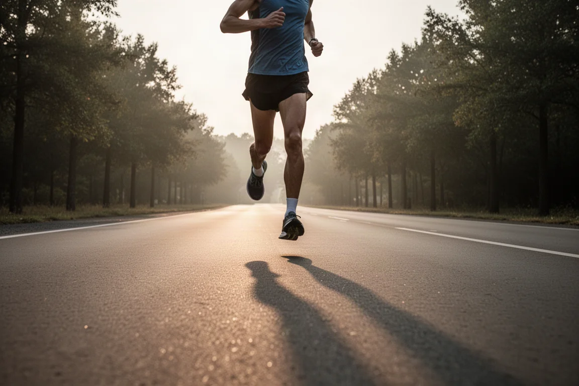 Un maratoneta che avanza su una strada aperta nella soffice luce del mattino