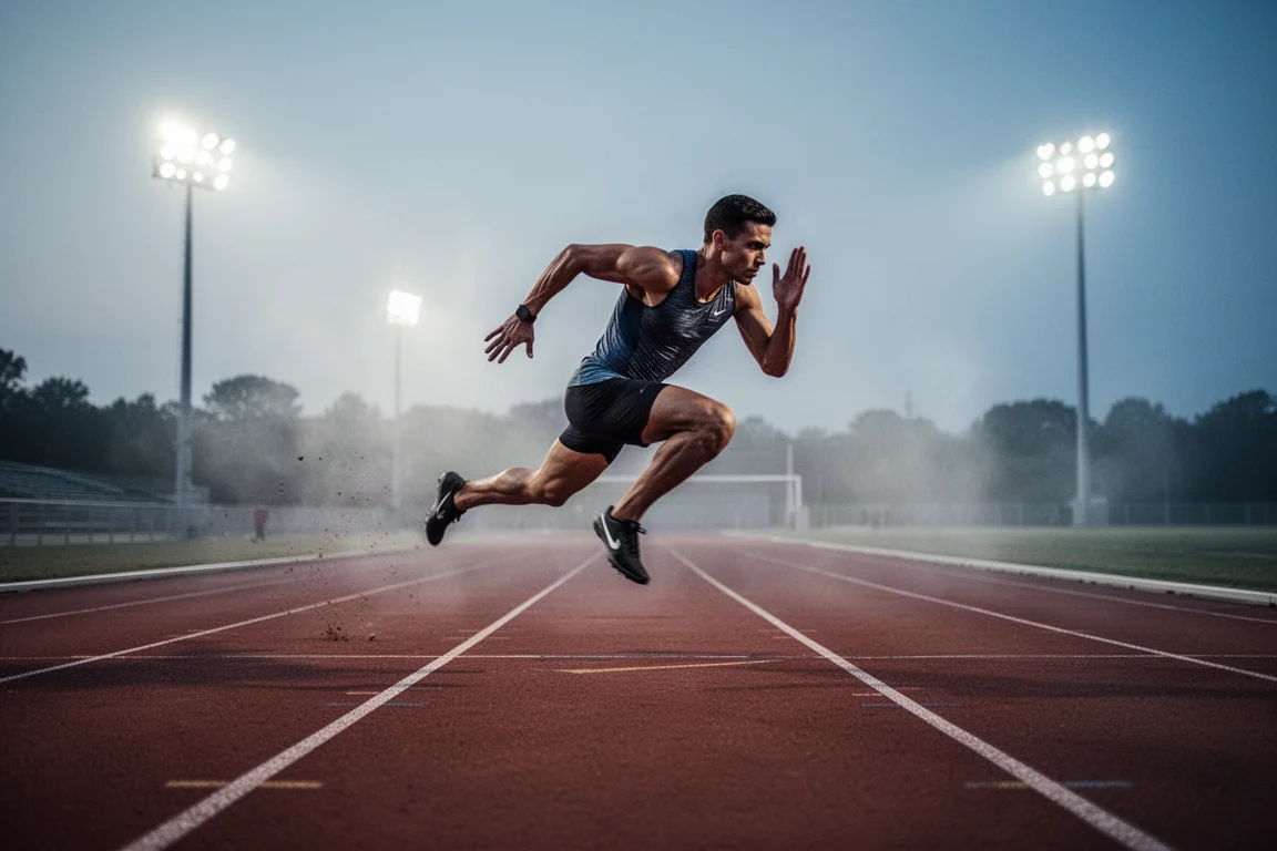 Uno sprinter che affronta ripetute di 200 metri su una pista sotto i riflettori