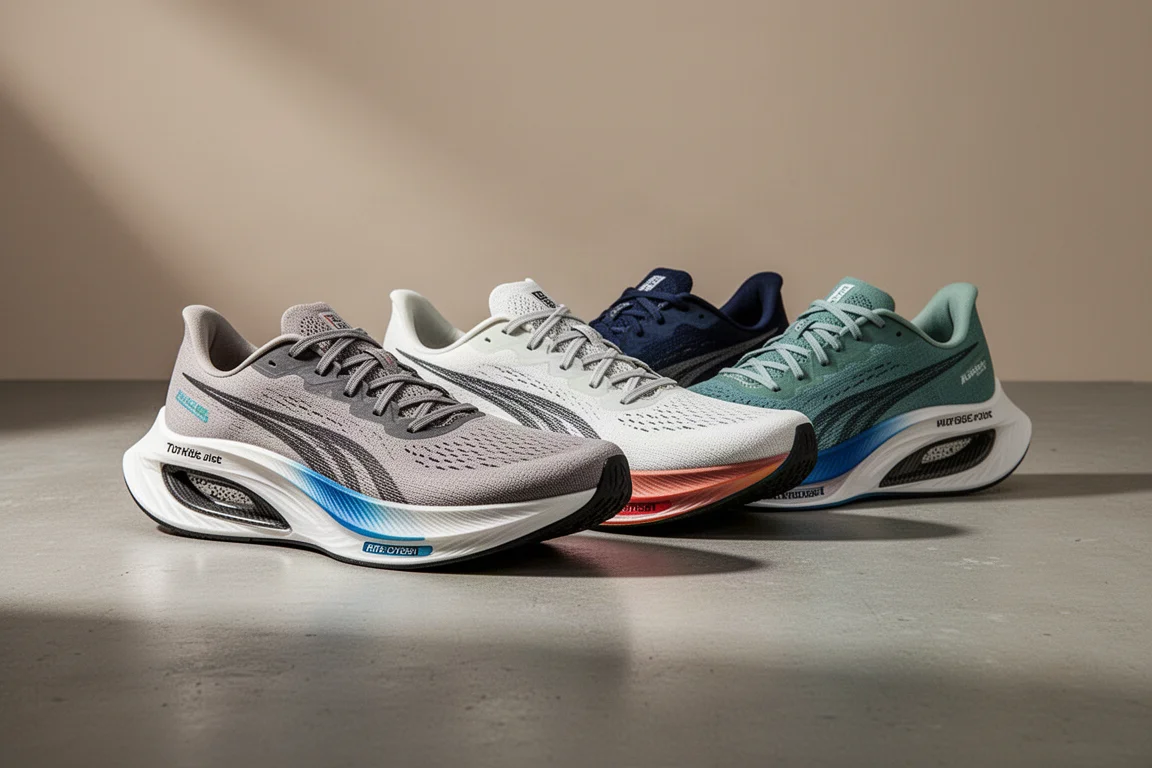 Five modern racing running shoes arranged in a row on a concrete surface