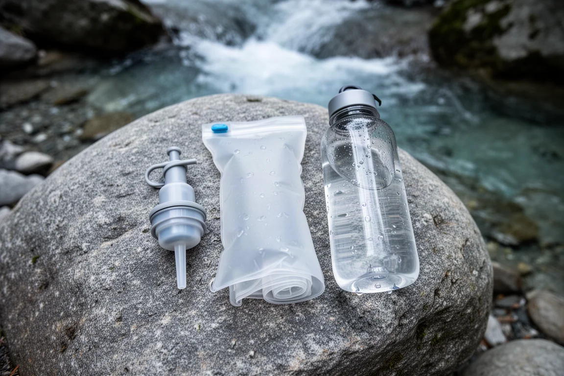 Squeeze-filter, reservoirzak en waterfles flat-lay op een rots bij een beek