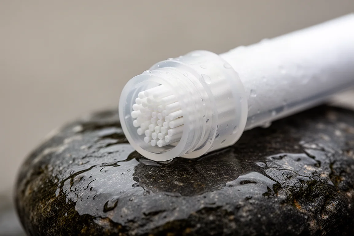 Macro-opname van de uitlaat van een hollow fiber-filter op natte steen
