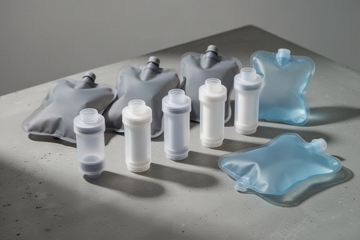 Seven lightweight squeeze water filters and reservoir bags arranged on a concrete surface
