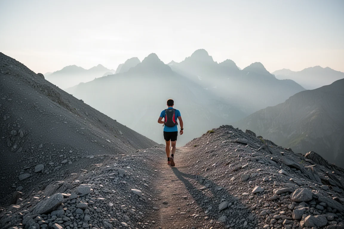 Fastpacker moving along an alpine ridge trail at first light