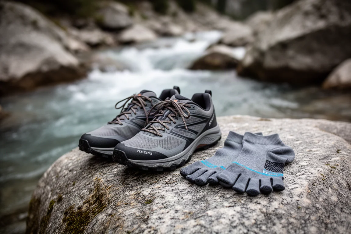 Trail running shoes and toe socks resting on granite beside a mountain stream