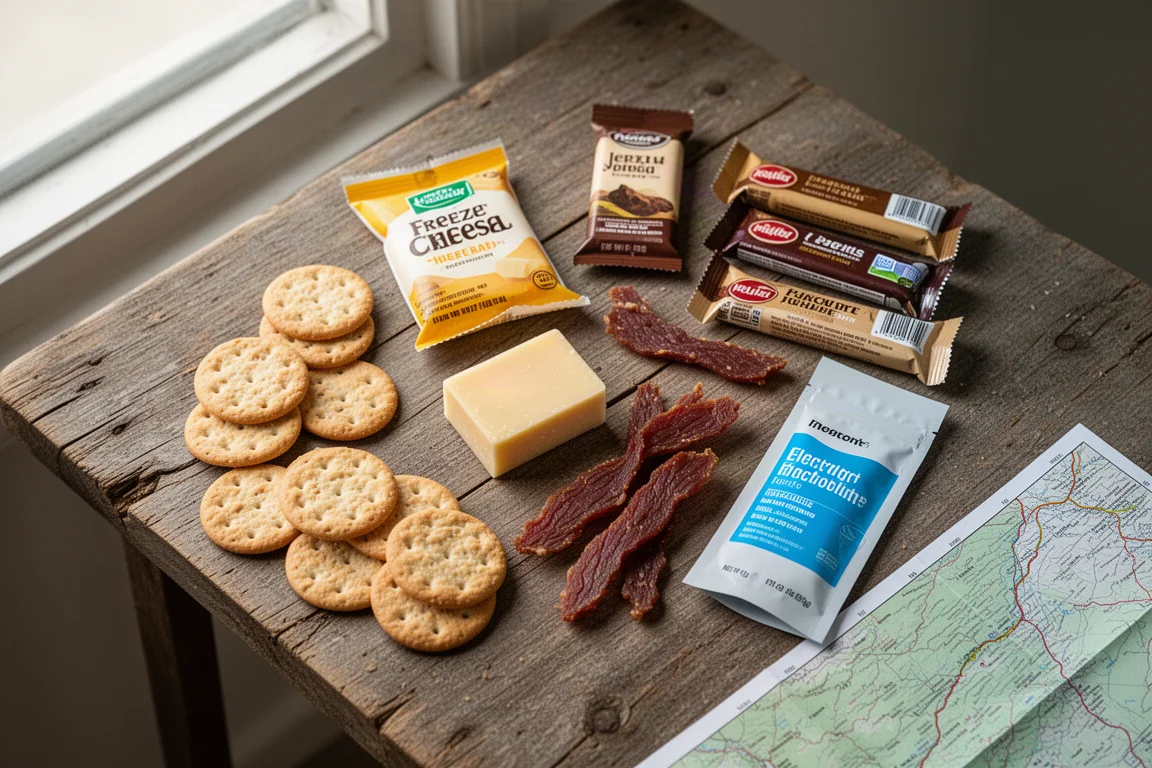 Flat-lay of no-cook trail food including crackers, cheese, jerky and electrolyte powder