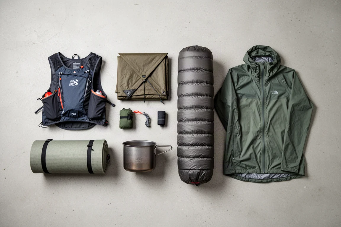 Fastpacking gear laid out in rows on a concrete floor grouped by category