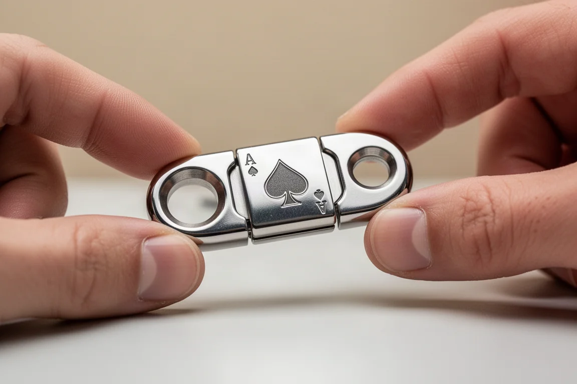 Metall-Fidget-Slider in Form von Spielkarten, zwischen den Fingern über einem Schreibtisch gehalten