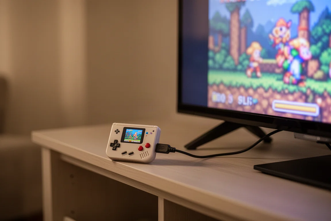 Handliche Retro-Spielkonsole, mit einem Fernseher im Wohnzimmerregal verbunden