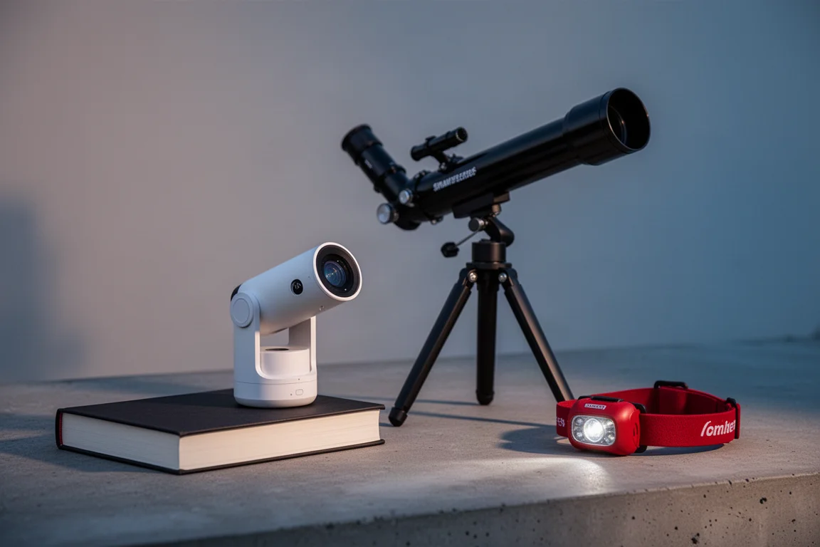 Smart telescope, refractor telescope, book, and red headlamp arranged on concrete at dusk