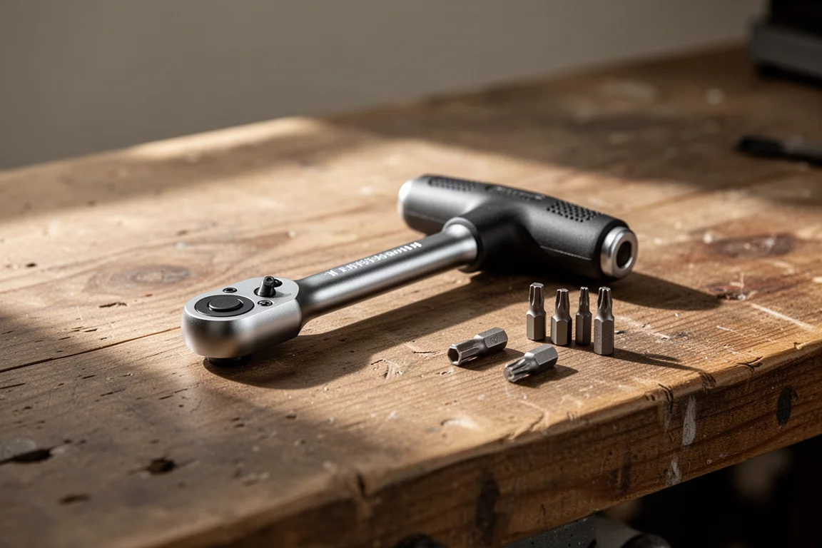 Outil compact à T avec cliquet et embouts disposés sur un établi en bois