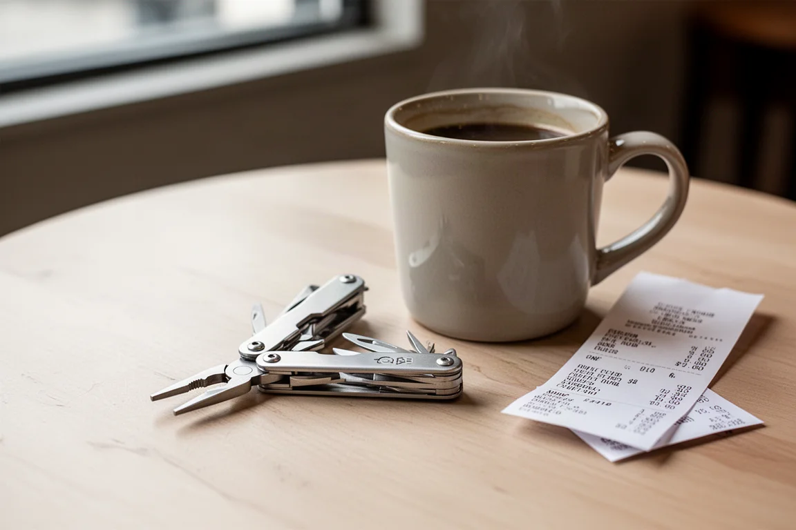Petit multi-outils compact ouvert sur une table de café avec une tasse de café à proximité