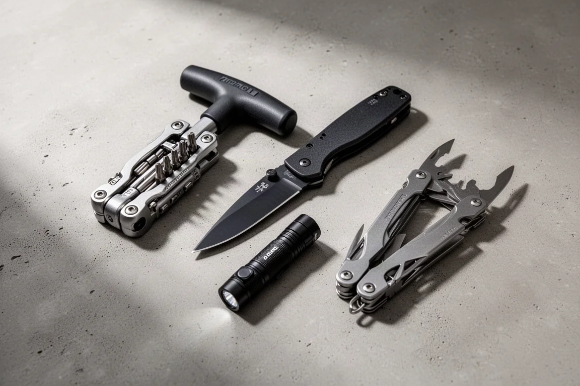 Everyday carry gifts including tools, a knife, a flashlight, and a multi-tool on concrete