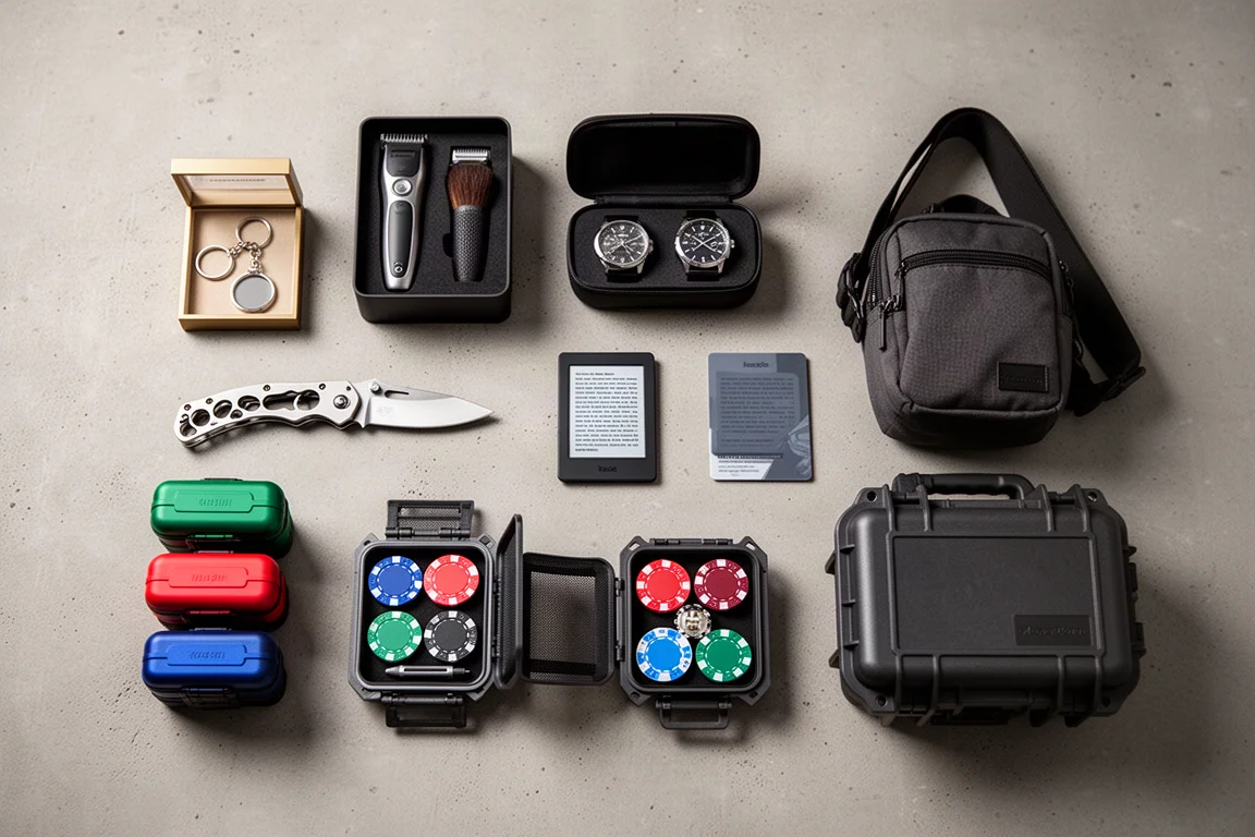 Flat-lay of nine Father's Day gift items including tools, a sling bag, a watch case, and a knife on concrete
