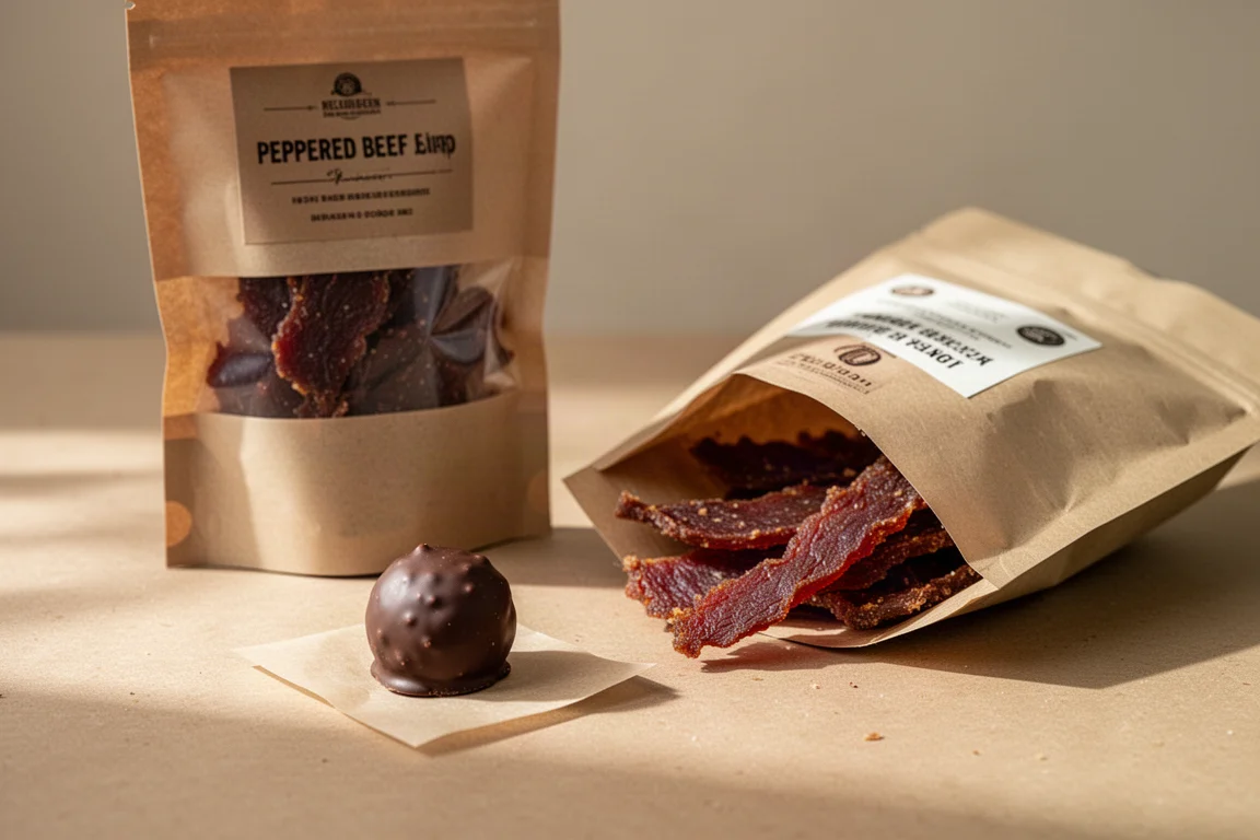 Scatola di tartufi al cioccolato fondente e una busta di beef jerky su una banca da officina
