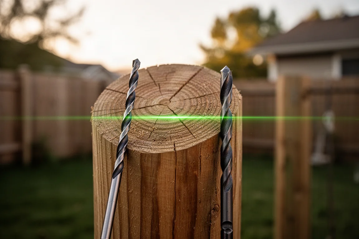 Guida laser che proietta una linea orizzontale attraverso un palo di legno tondo all'aperto