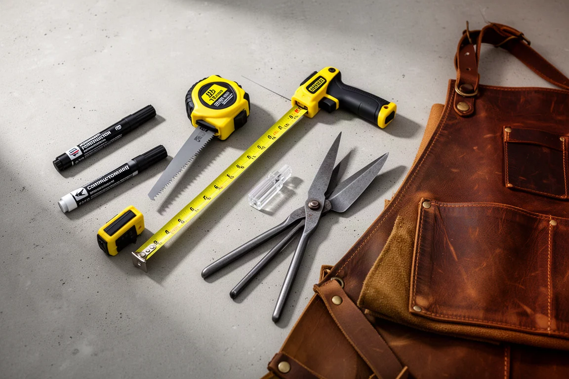 Flat-lay of tools and gift items including a marker, tape measure, saw, punch, garden tools, and leather apron