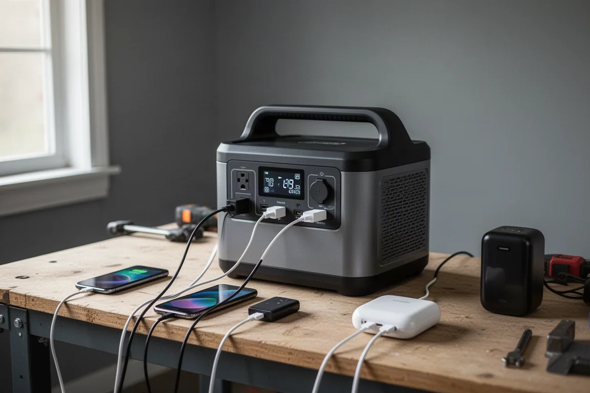 A phone and small appliances charging from a portable power station in a home workshop